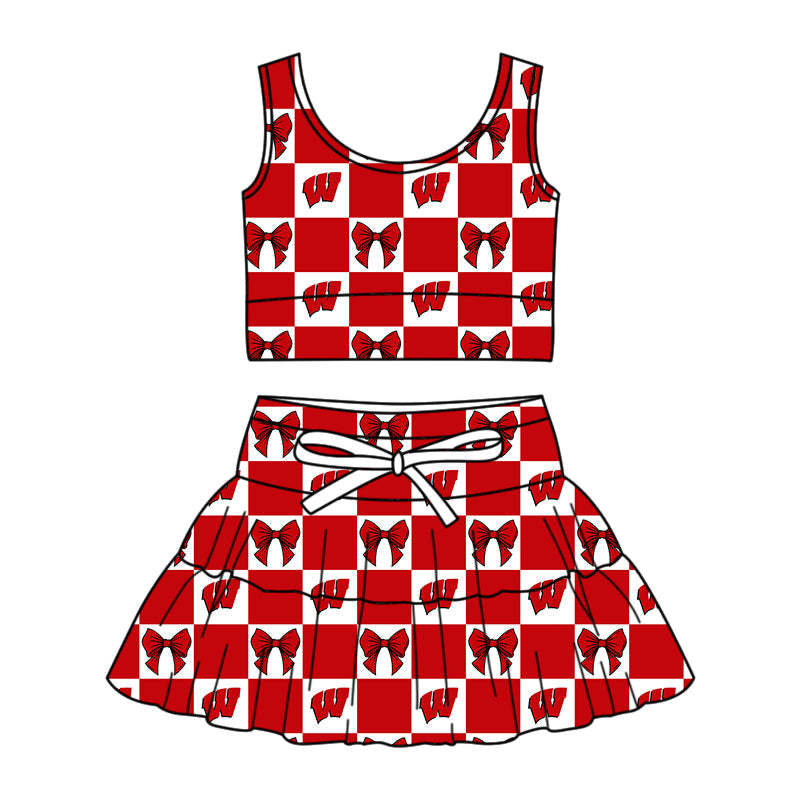 Preorder (moq 5)Baby Girls Red W Bows Checked Vests Top Skirt Short Team Clothes Sets