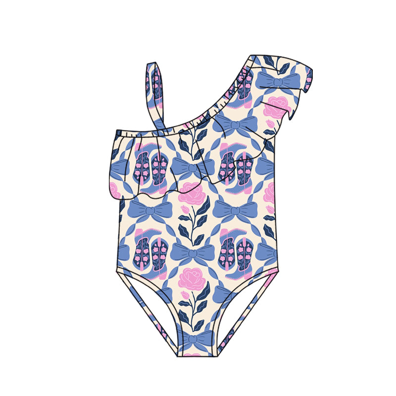 Preorder (moq 5)Baby Girls One Shoulder Flower Bows Boots Western Swimsuits