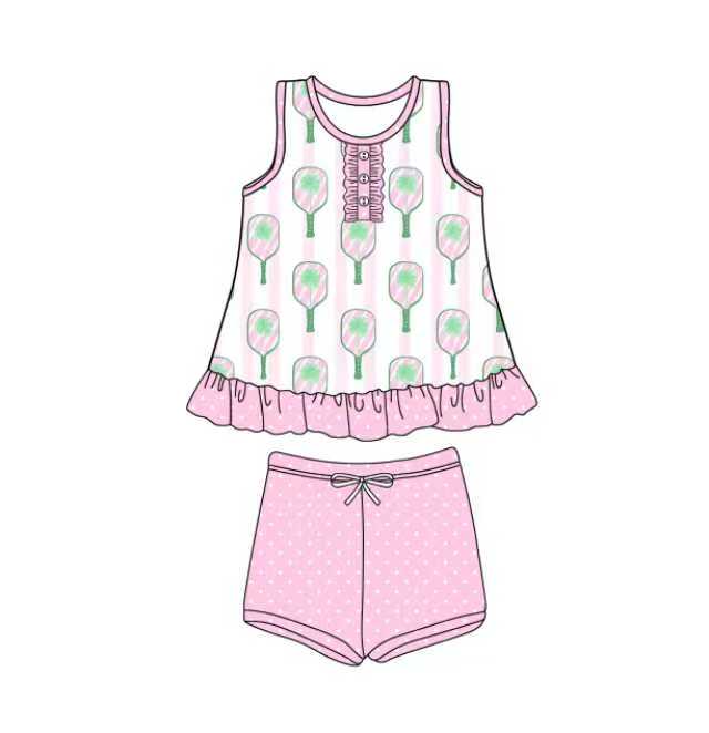 Preorder (moq 5)Baby Girls Pink Stripe Tennis Button Tunic Polka Dots Shorts Team Clothes Set
