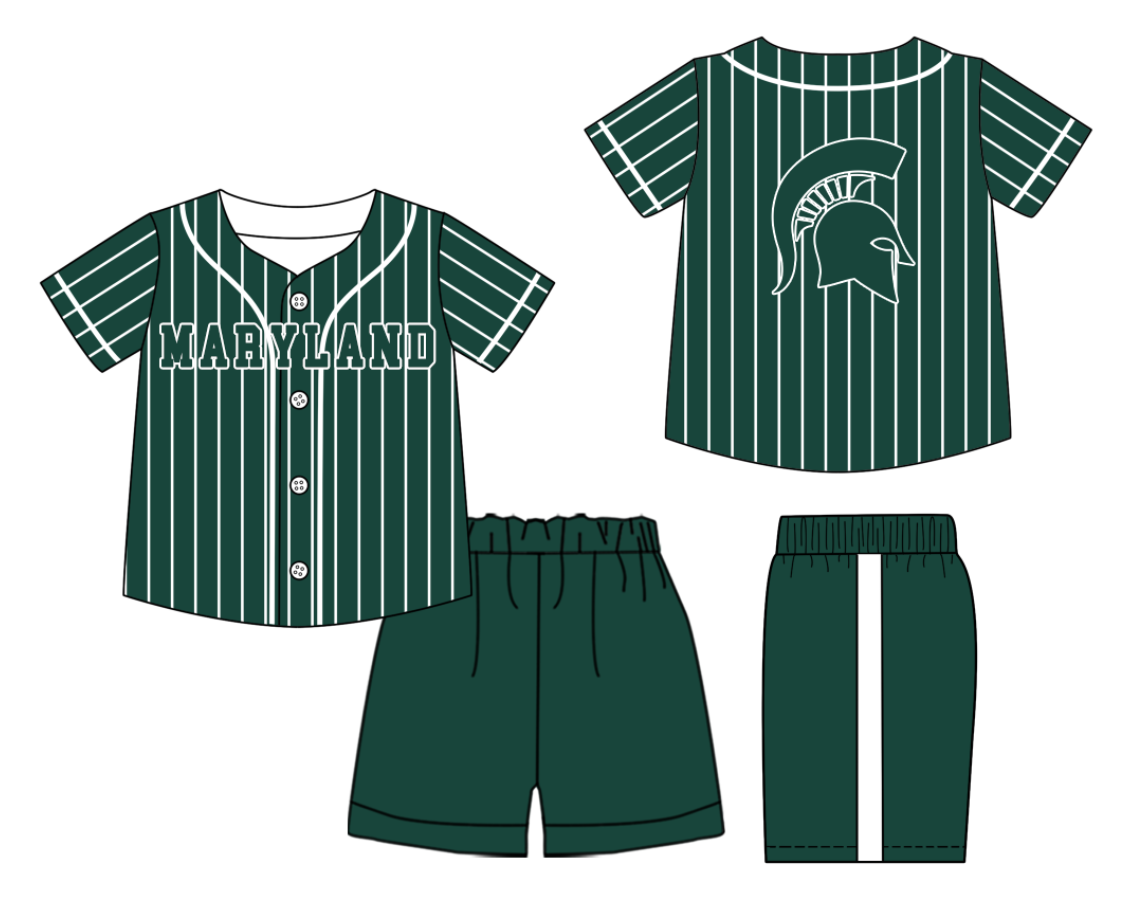 Preorder (moq 5)Baby Boys Green Stripe Maryland Button Top Short Team Clothes Sets