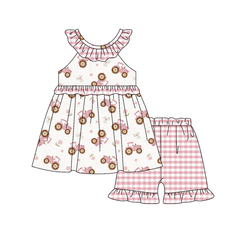Preorder (moq 5)Baby Girls Pink Flowers Trucks Tunic Checked Ruffle Shorts Farm Clothes Sets