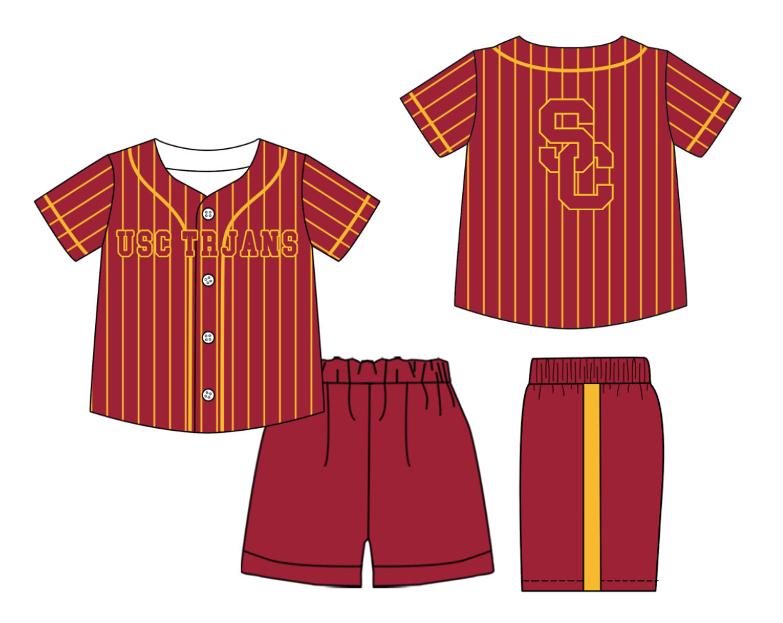 Preorder (moq 5)Baby Boys Yellow Stripe Usc Trjans Button Top Short Team Clothes Sets