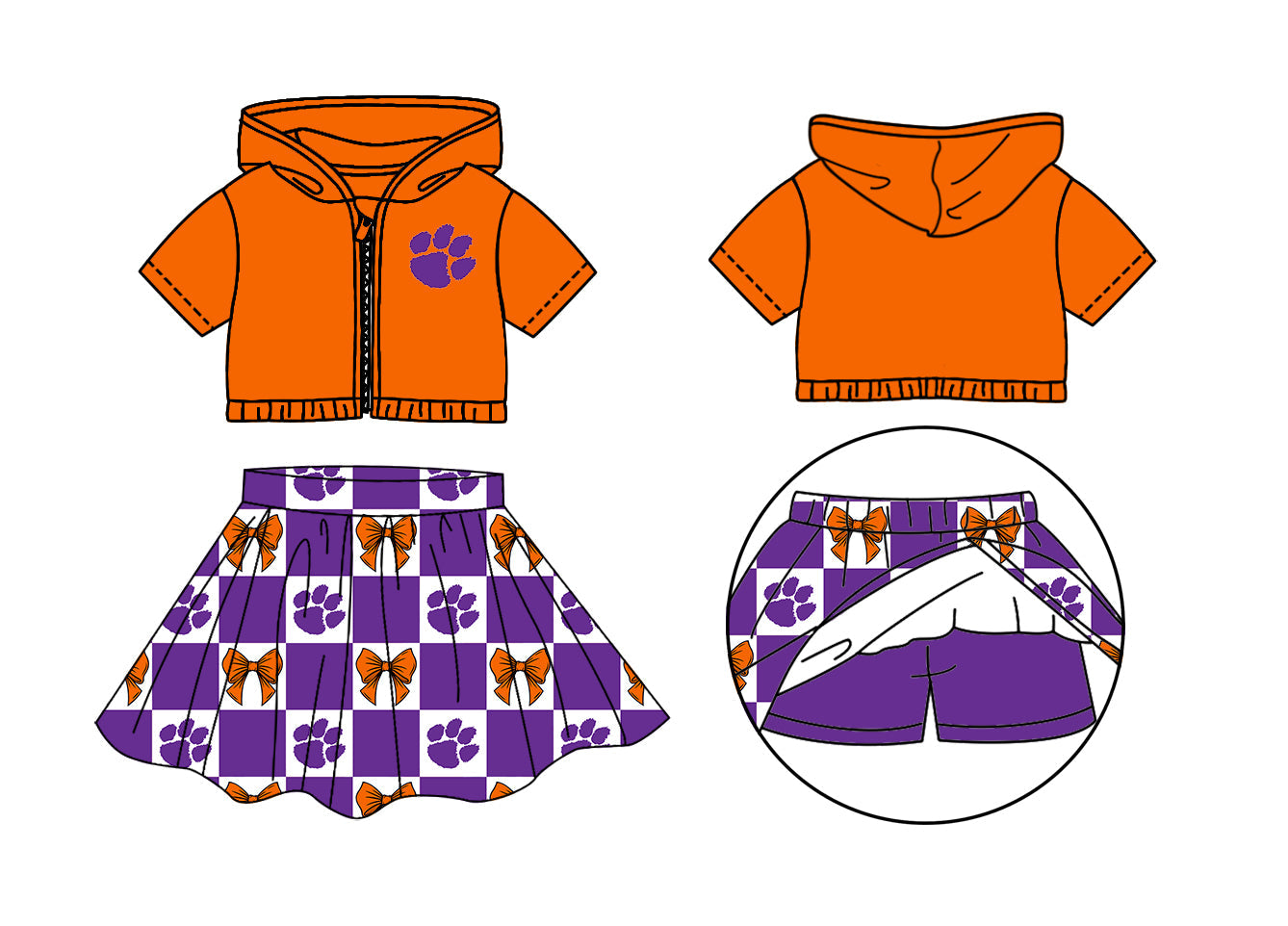 Preorder (moq 5)Baby Girls Purple Pawls Bows Zip Hoodie Jackets Skirt Short Team Clothes Set