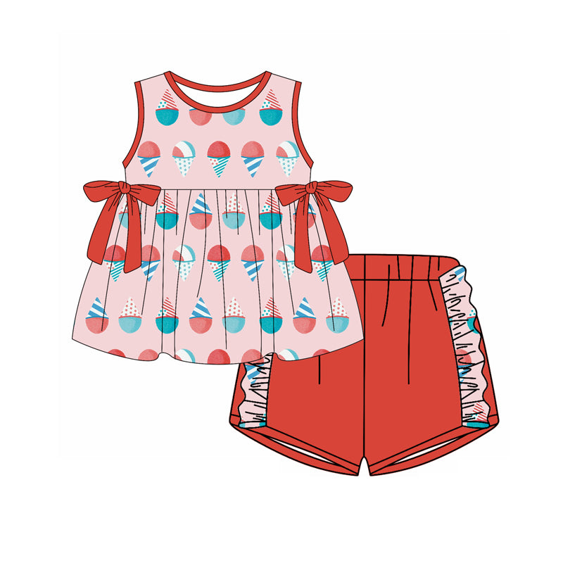 Preorder (moq 5)Baby Girls Sleeveless Ice Cream Bows Tunic Ruffle Shorts Clothes Set