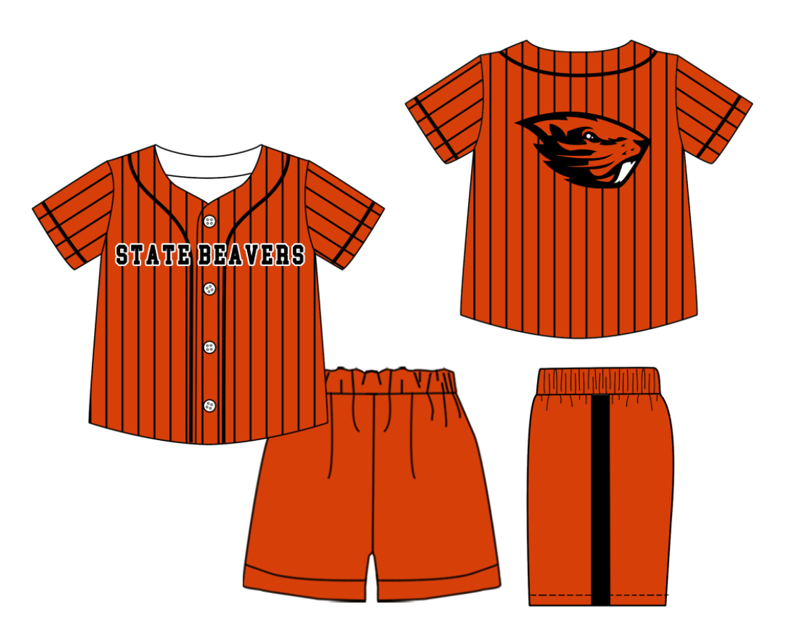 Preorder (moq 5)Baby Boys Black Stripe State Beavers Button Top Short Team Clothes Sets