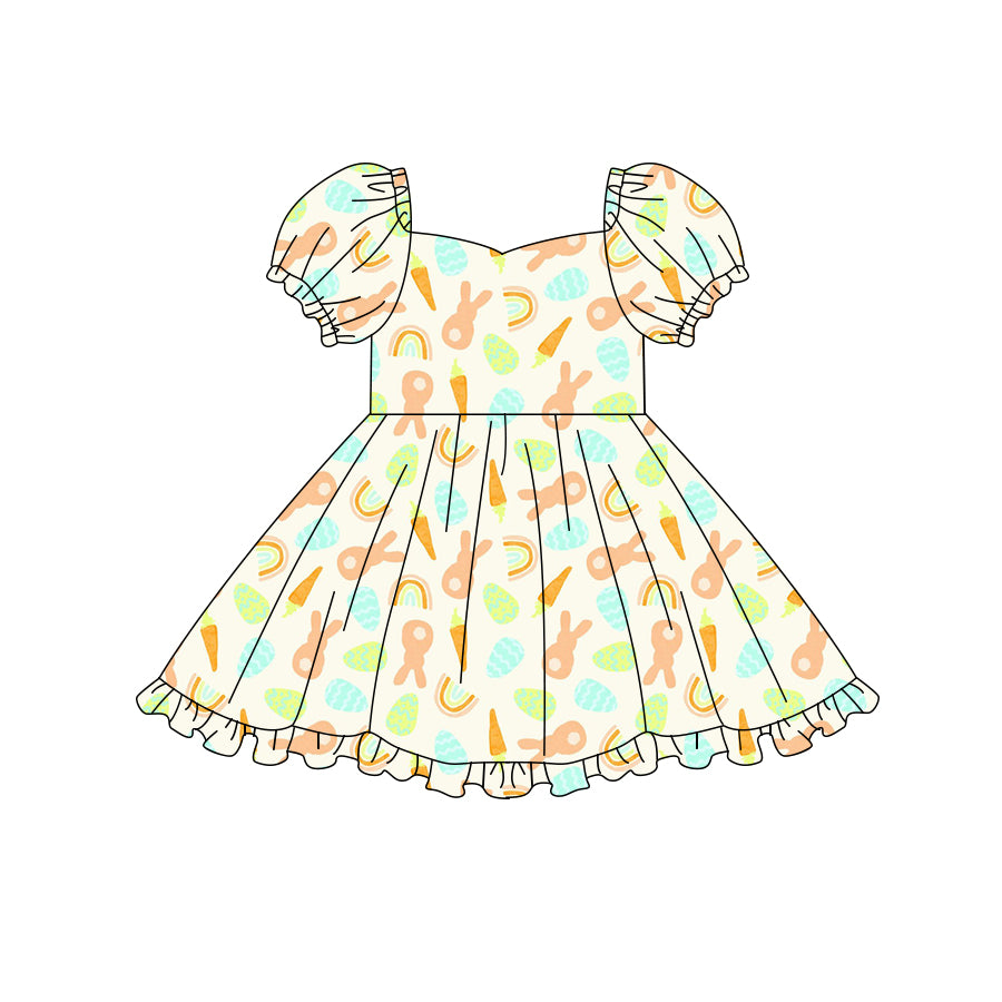 Preorder (moq 5)Baby Girls Carrot Rabbit Rainbows Easter Ruffle Knee Length Dresses