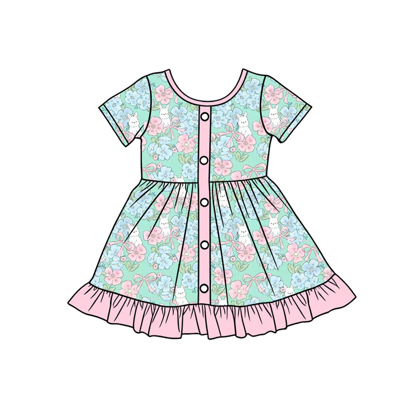 Preorder (moq 5)Baby Girls Flowers Rabbits Button Easter Ruffle Knee Length Dresses