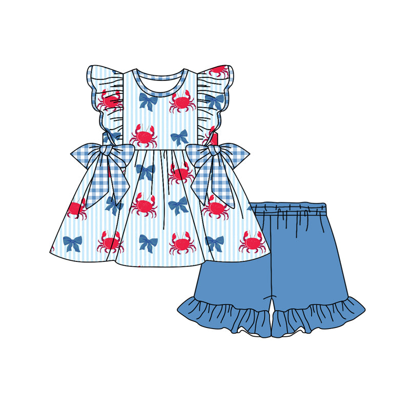 Preorder (moq 5)Baby Girls Crabs Bows Stripe Tunic Ruffle Shorts 4th of July Clothes Set