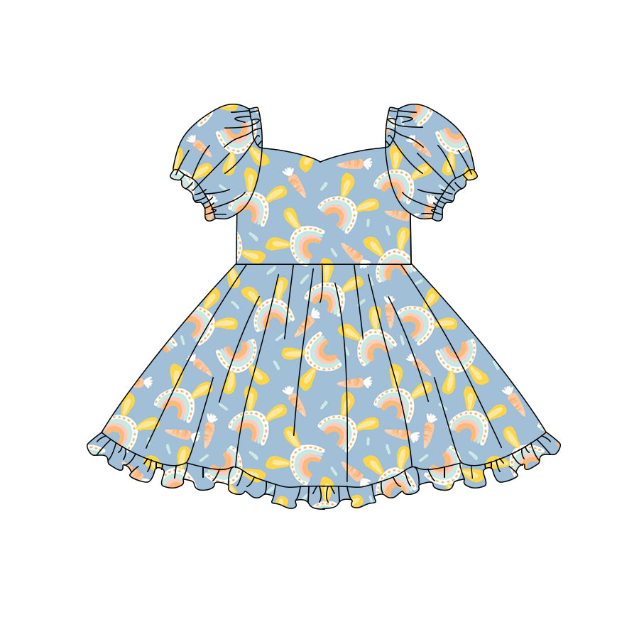 Preorder (moq 5)Baby Girls Carrot Rabbit Rainbows Easter Ruffle Knee Length Dresses