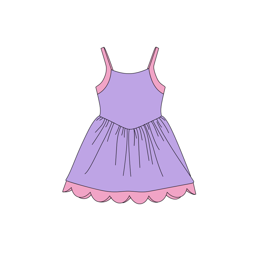 Preorder (moq 5)Baby Girls Strap Purple Scallop Shorts Knee Length Dresses