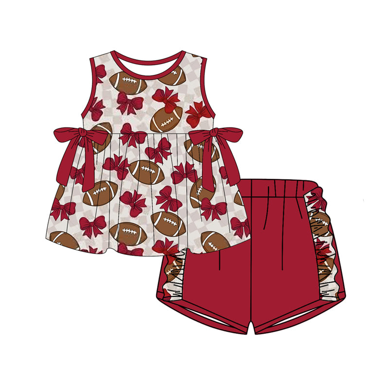 Preorder (moq 5)Baby Girls Bows Footballs Checked Tunic Ruffle Shorts Team Clothes Set