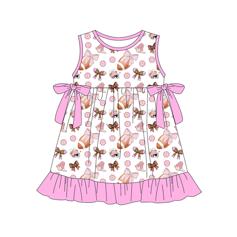 Preorder (moq 5)Baby Girls Flower Footballs Bows Team Ruffle Knee Length Dresses