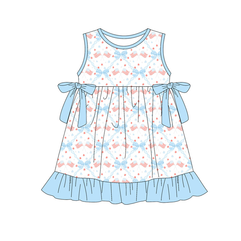 Preorder (moq 5)Baby Girls Bows Flags Checked 4th of July Ruffle Knee Length Dresses