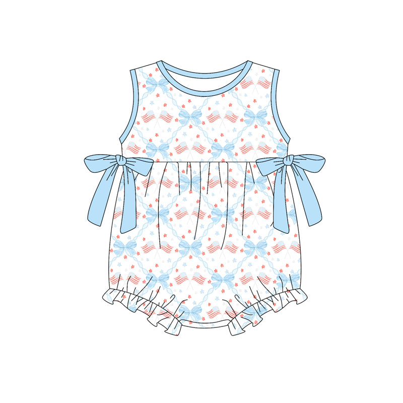 Preorder (moq 5)Baby Girls Sleeveless Bows Flags Checked 4th of July Ruffle Rompers