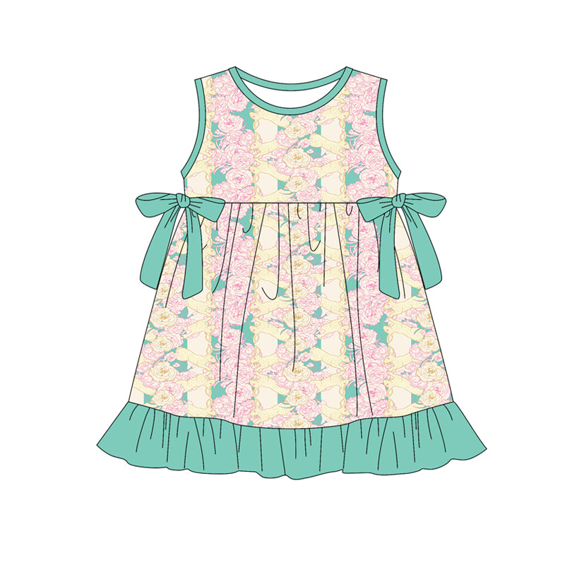 Preorder (moq 5)Baby Girls Rabbits Flowers Stripe Easter Ruffle Knee Length Dresses