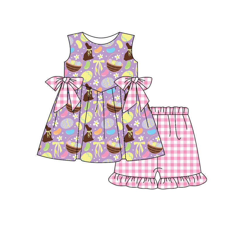 Preorder (moq 5)Baby Girls Rabbit Flower Eggs Tunic Checked Ruffle Shorts Easter Clothes Set