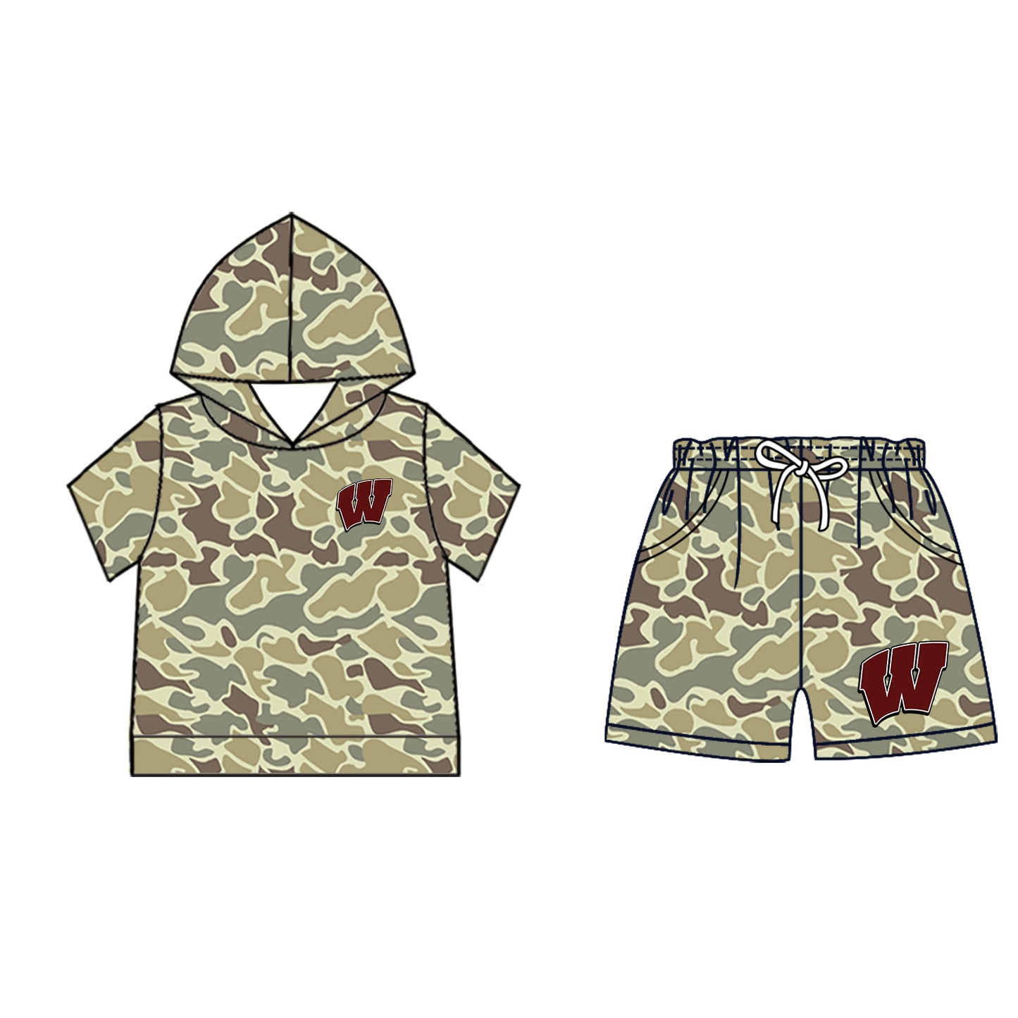 Preorder (moq 5)Baby Boys Khaki Camo W Hoodie Pockets Short Team Clothes Set