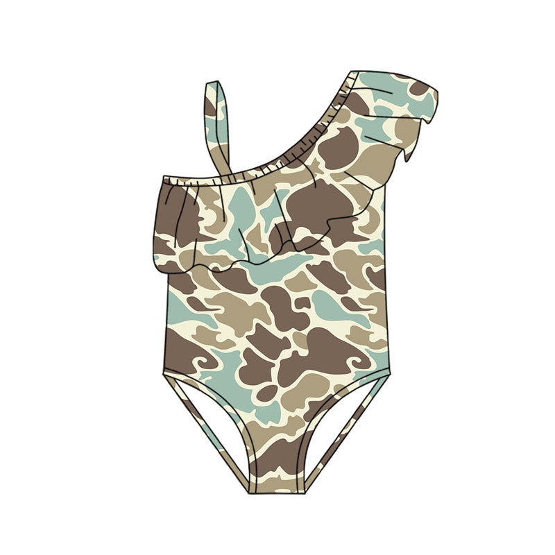 Preorder (moq 5)Baby Girls One Shoulder Southern Khaki Camo Swimsuits