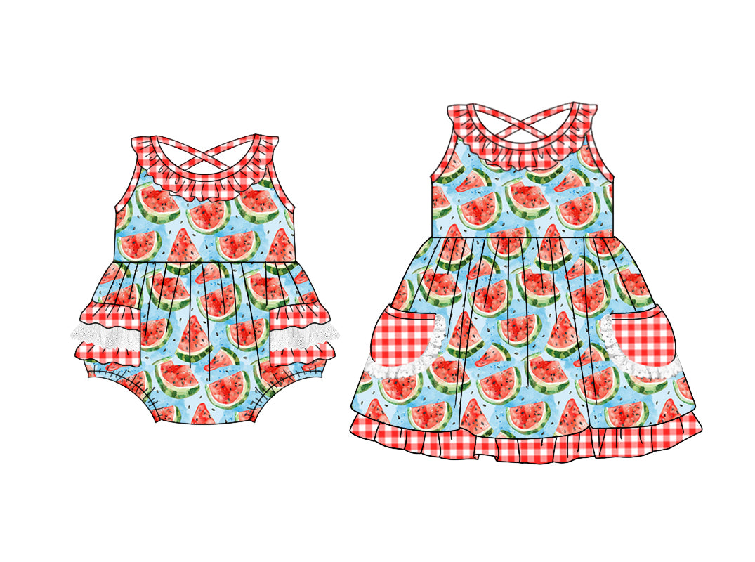 Preorder moq 5 Custom Baby Girls Pink Plaid Sleeveless Watermelon Pockets Knee Length Dresses Rompers