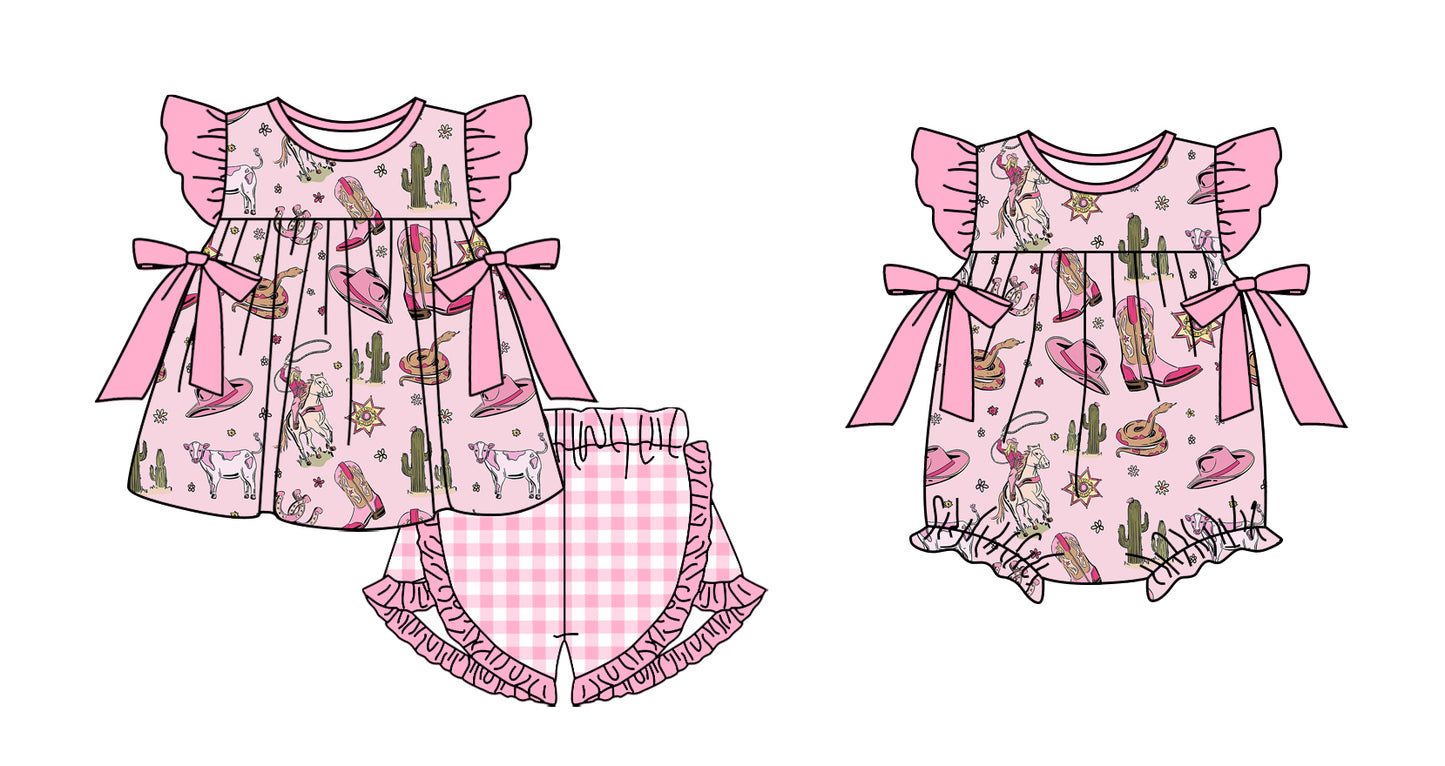 Preorder moq 5 Custom Baby Girls Pink Horse Rodeo Cactus Tunic Plaid Ruffle Short Set Rompers