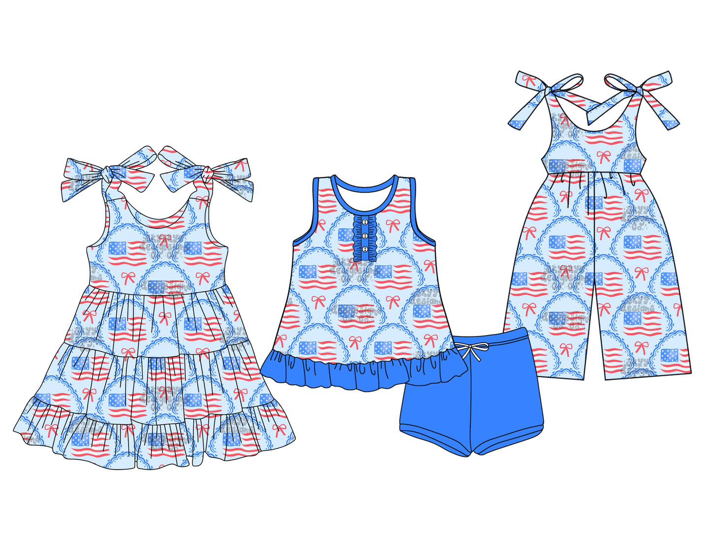 Preorder moq 5 Custom Baby Girls Flags Bows Button Tunic Blue Short 4th Of July Set Knee Length Dress Jumpsuits