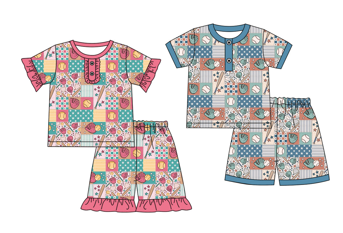 Preorder moq 5 Custom Baby Kids Short Sleeves Baseballs Plaid Button Top Short Pajamas Set