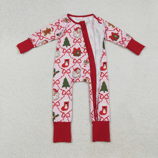 Baby Girls Red Bows Santa Gifts Checked Christmas Zipper Footie Rompers