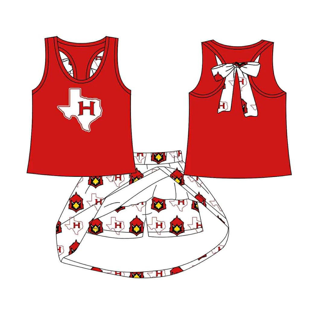 Preorder (moq 5)Baby Girls Red Bird H bow vest team Top Skirt Skort Sets