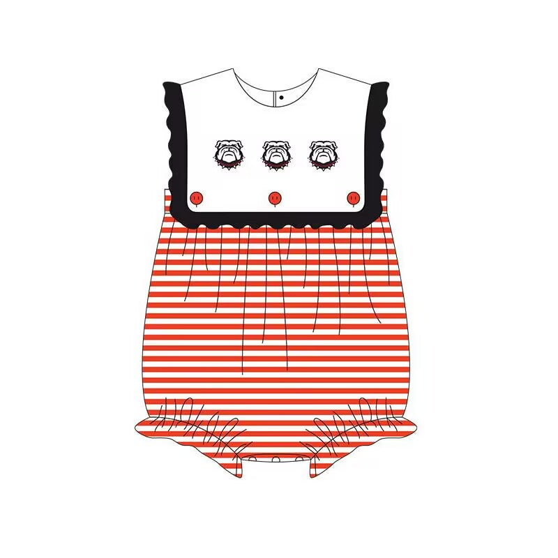 Preorder (moq 5)Baby Girls Sleeveless Red Stripe Bulldogs Team Ruffle Rompers