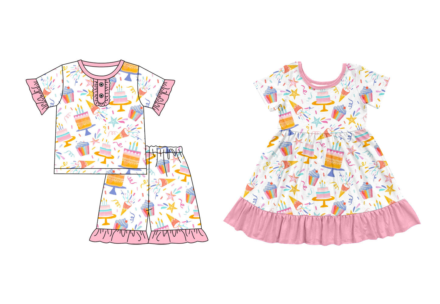 Preorder moq 5 Custom Baby Girls Cakes Tunic Ruffle Short Birthday Pajamas Set Knee Length Dresses