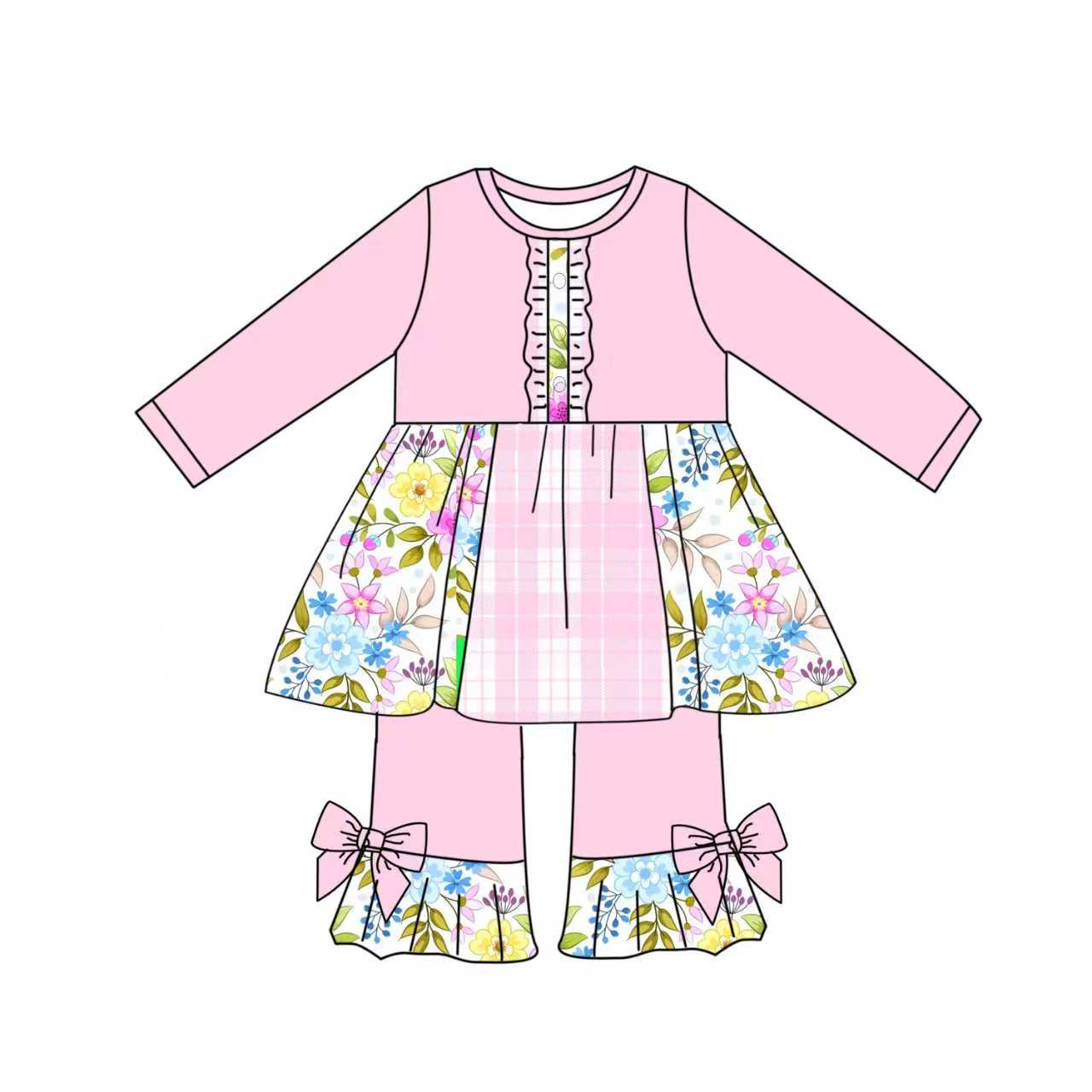 Preorder (moq 5)Baby Girls Pink Checked Flowers Button Tunic Ruffle Pants Clothes Sets