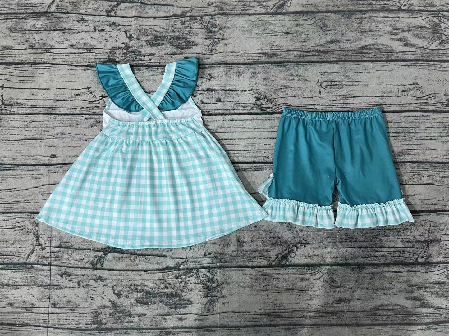 Baby Girls Green Checkered Line Workers Tunic Top Ruffle Shorts Clothes Sets