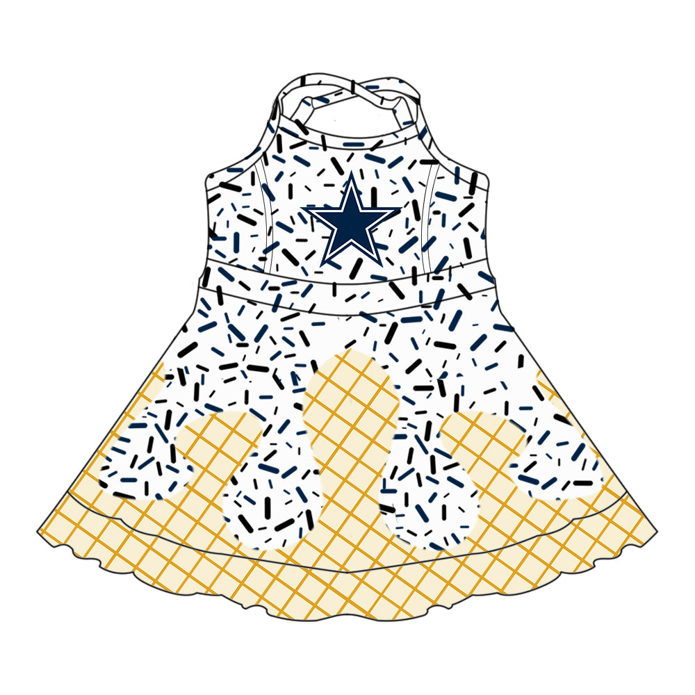 Preorder (moq 5)Baby Girls Strap Drip Sprinkles Cowboys Team Shorts Ruffle Knee Length Dress