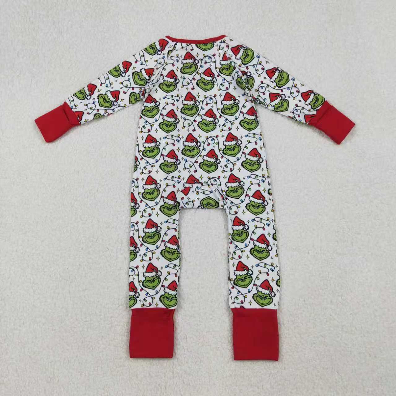 Sibling Baby Boys Green Faces Lights Christmas Pajamas Sets Zipper Footie Rompers Blankets