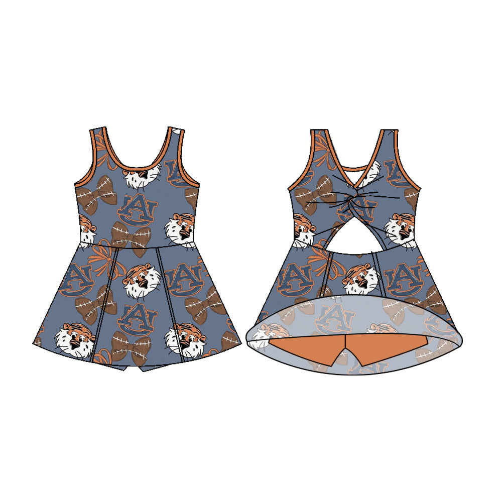 Preorder (moq 5)Baby Girls Sleeveless Football Bows Plaid AU Shorts Team Knee Length Dress