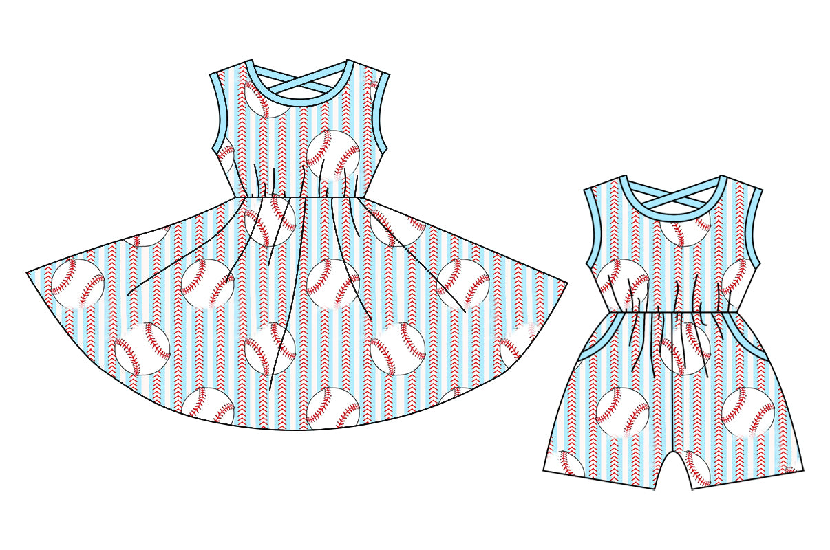 Preorder moq 5 Custom Baby Girls Blue Sleeveless Baseballs Stripe Knee Length Dress Pockets Jumpsuits