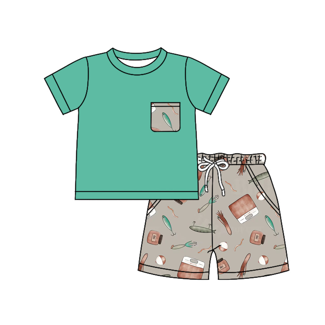 Preorder (moq 5)Baby Boys Fishing Pocket Shirts Pockets Shorts Clothes Sets