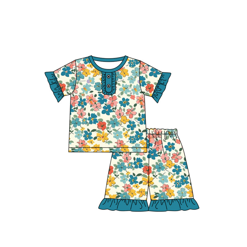 Preorder (moq 5)Baby Girls Dark Green Flowers Spring Top Shorts Pajamas
