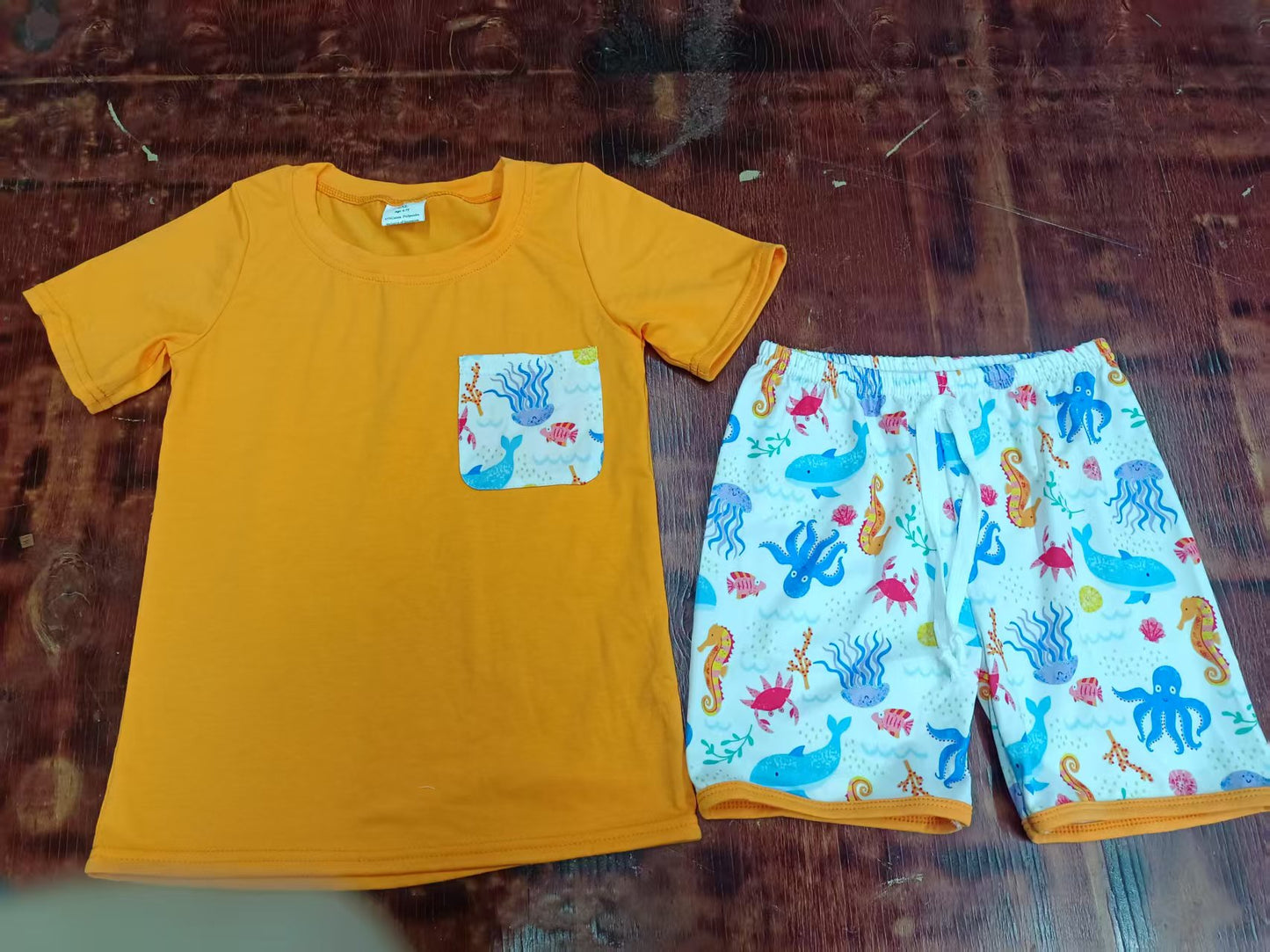 Preorder moq 5 Baby Boys Orange Short Sleeves Pocket Top Sea World Shorts Set