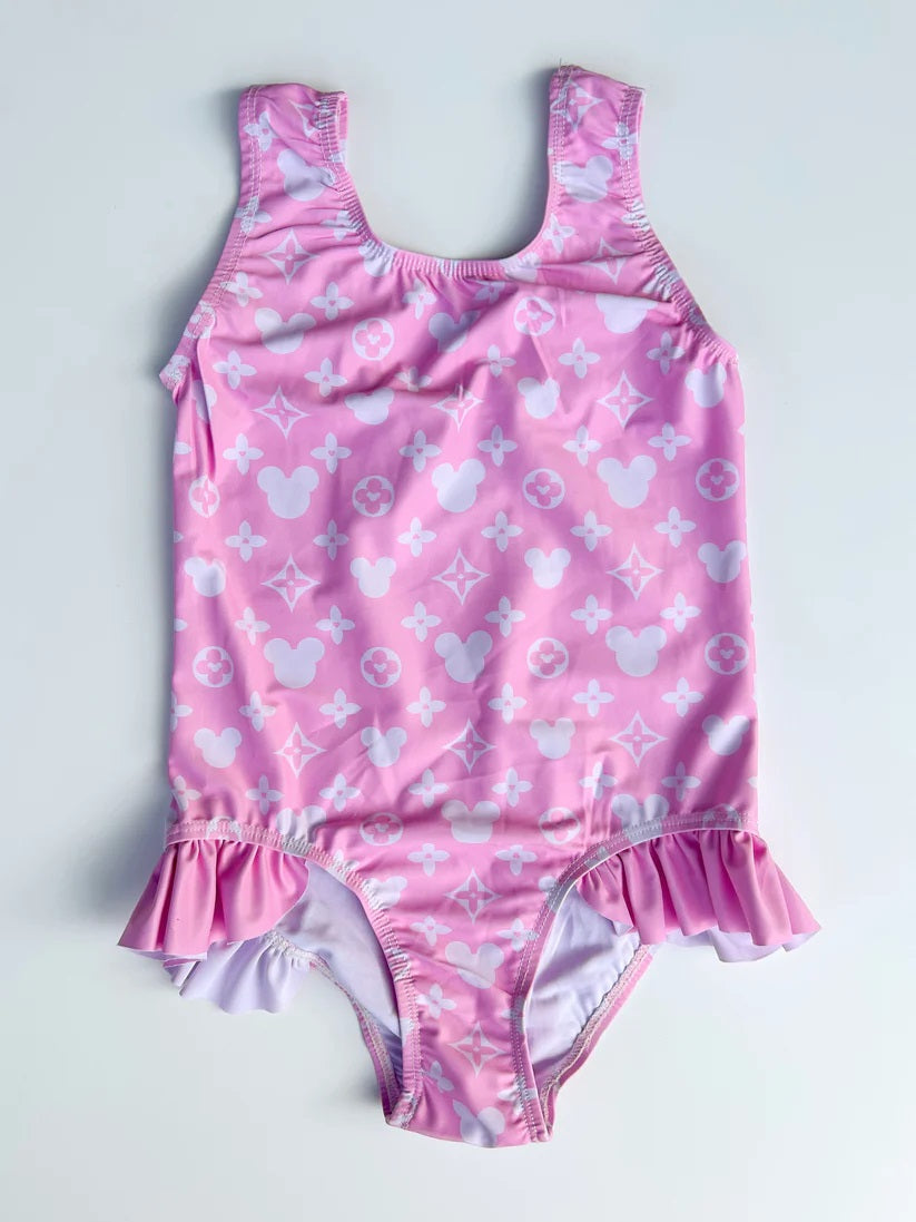 Baby Girls Pink Cartoon Mouse Ruffles One Piece Swimsuits preorder(moq 5)