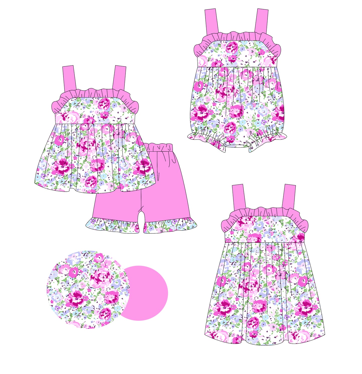 Preorder moq 5 Custom Baby Girls Hot Pink Strap Floral Tunic Ruffle Short Set Knee Length Dress And Rompers
