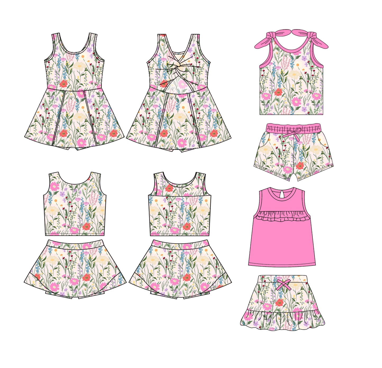 Preorder moq 5 Custom Baby Girls Pink Floral Top Pockets Short Set Skort Knee Length Dress Skirts Set