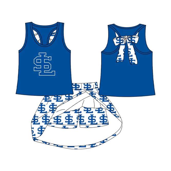 Preorder (moq 5)Baby Girls Blue SL Back Bow Top Skirt Shorts Team Clothes Sets