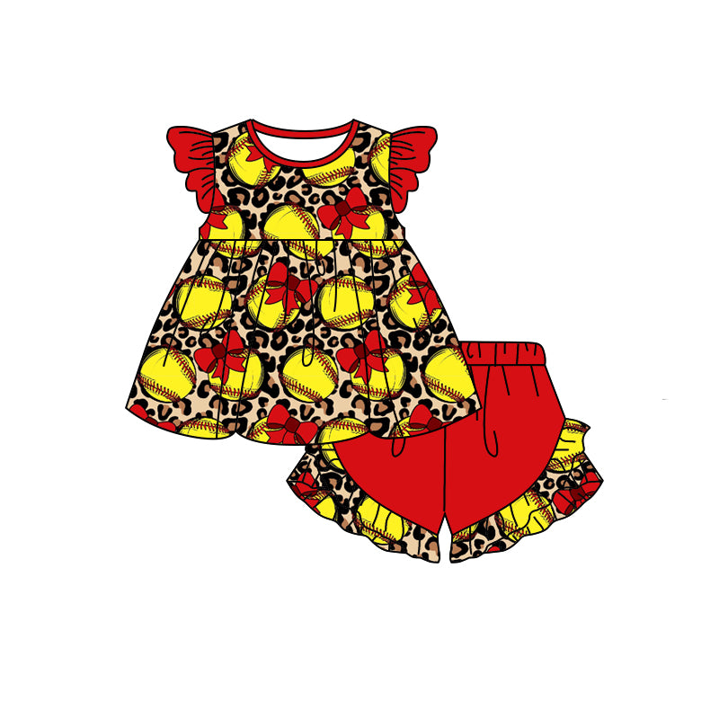 Baby Girls Softball Bow Leopard Tunic Top Ruffle Shorts Clothes Sets preorder(moq 5)