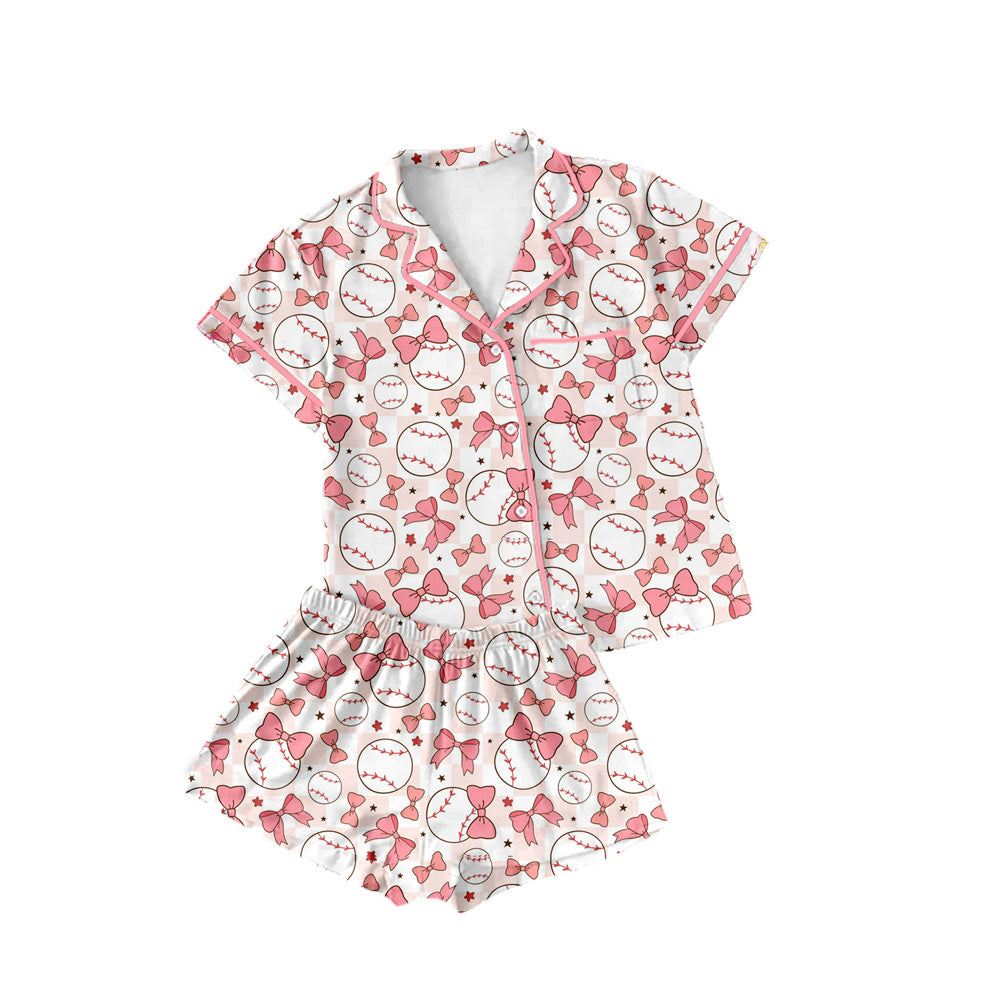 Preorder(moq 5)Adult Women Pink Baseball Bows Buttons Tee Shirts Shorts Pajamas Sets