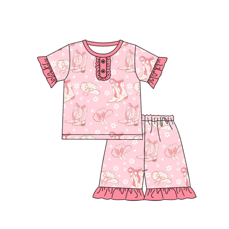 Preorder (moq 5)Baby Girls Western Pink Shirt Top Boots Shorts Pajamas Outfits
