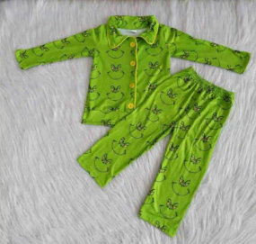 Preorder moq 5 Adult Long Sleeve Green Face Christmas Button Top Pants Pajamas Sets