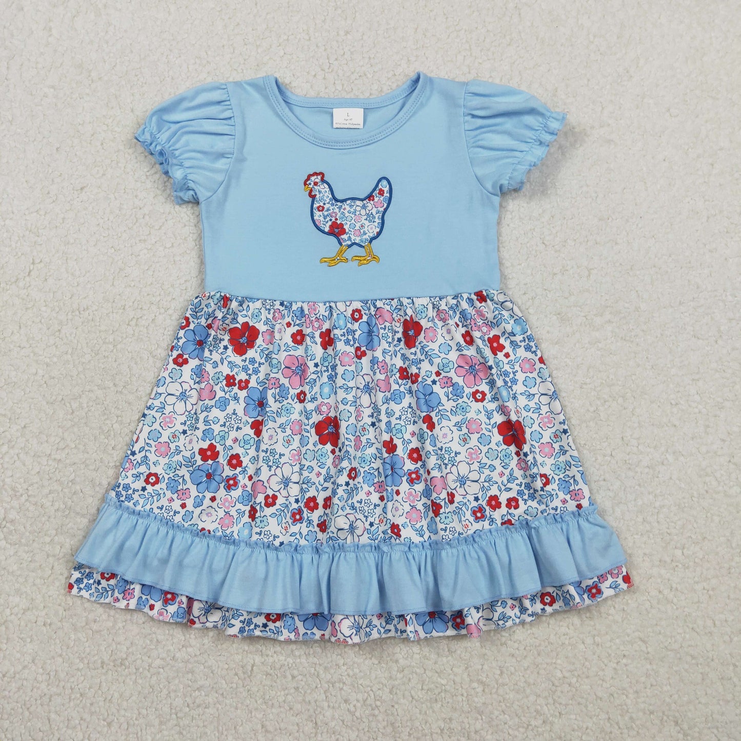 Embroidery Floral Chick Baby Girls Farm Ruffle Knee Length Dresses