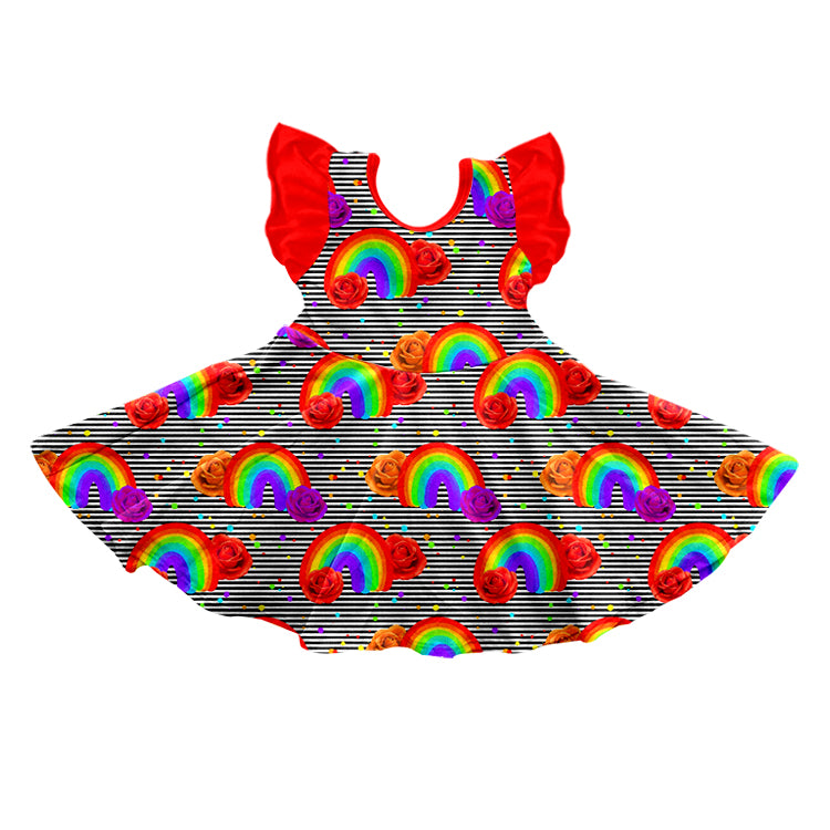Baby Girls Rainbow Flowers Red Flutter Sleeve Knee Length Dresses preorder(moq 5)