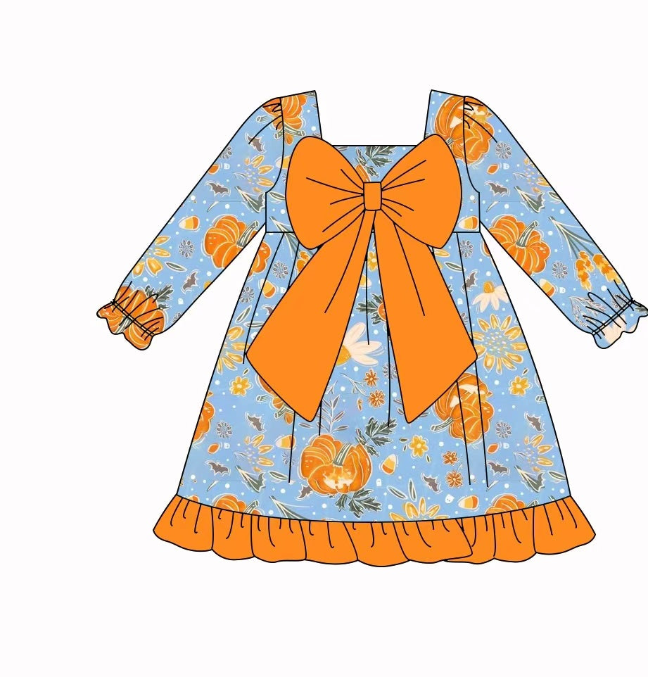 Preorder (moq 5)Baby Girls Pumpkins Bows Top Ruffle Fall Knee Length Dresses